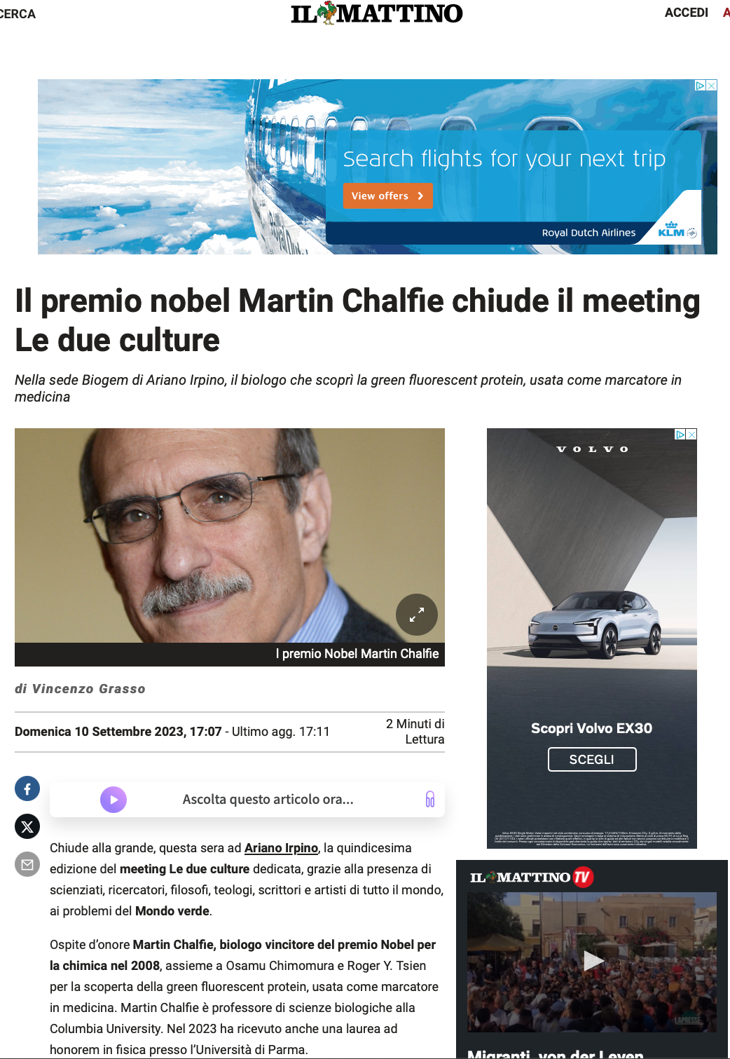Il premio nobel Martin Chalfie chiude il meeting Le due culture